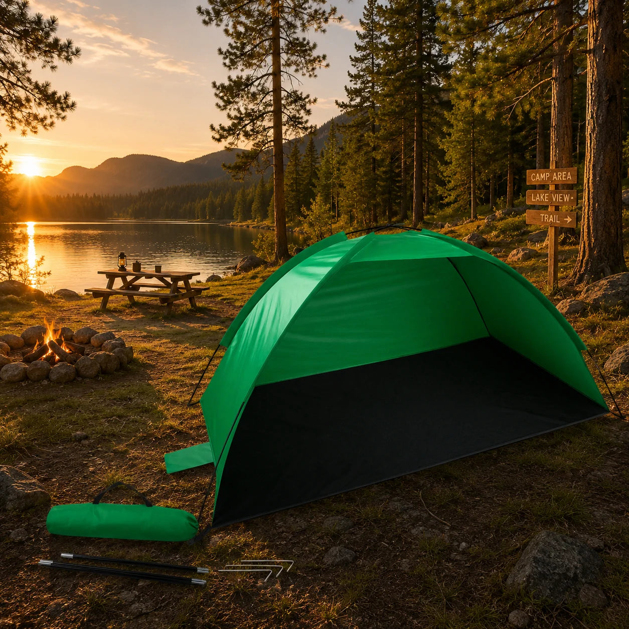 Strandzelt UV-Schutz Pop Up Strandmuschel Halboffen Garten Camping Grün
