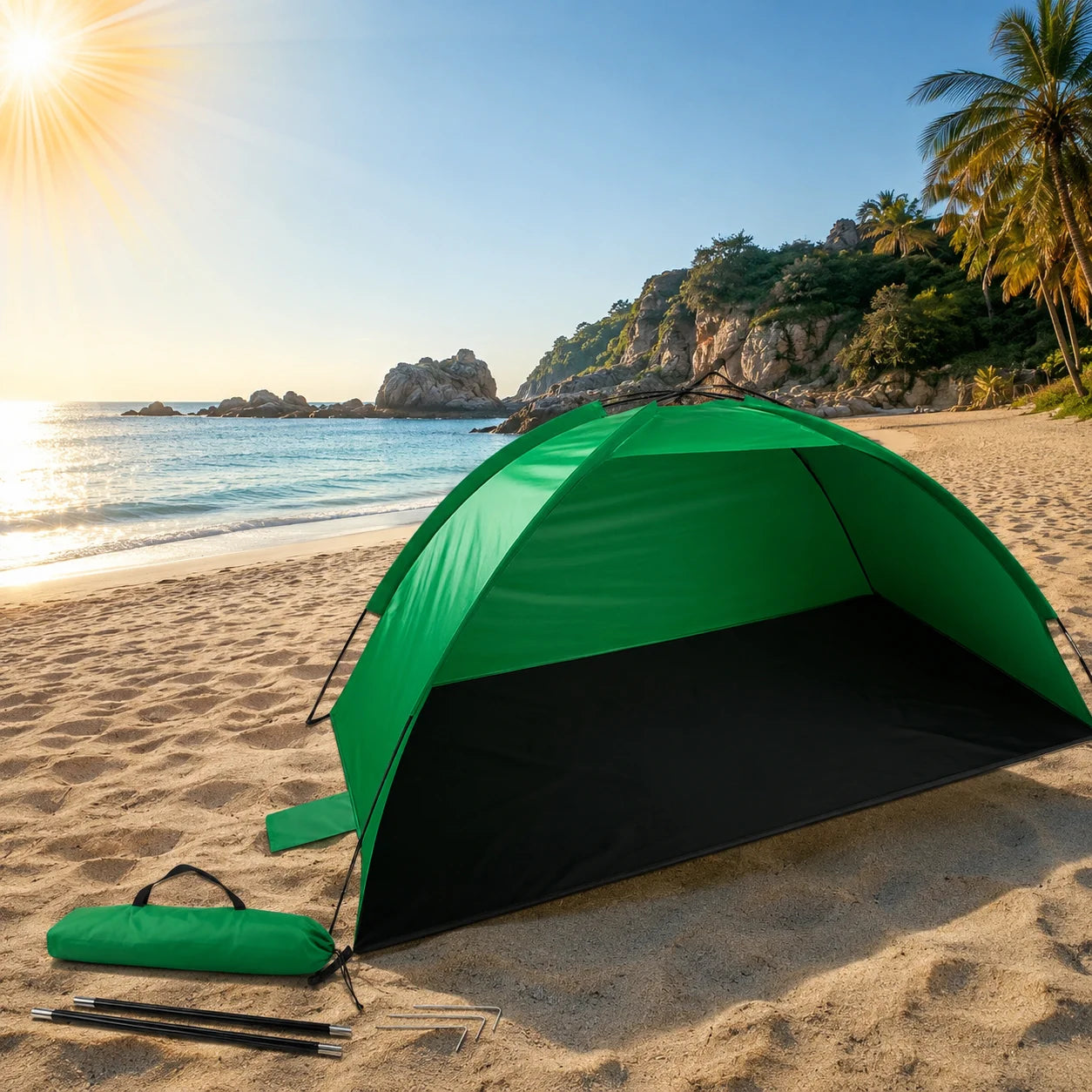 Strandzelt UV-Schutz Pop Up Strandmuschel Halboffen Garten Camping Grün