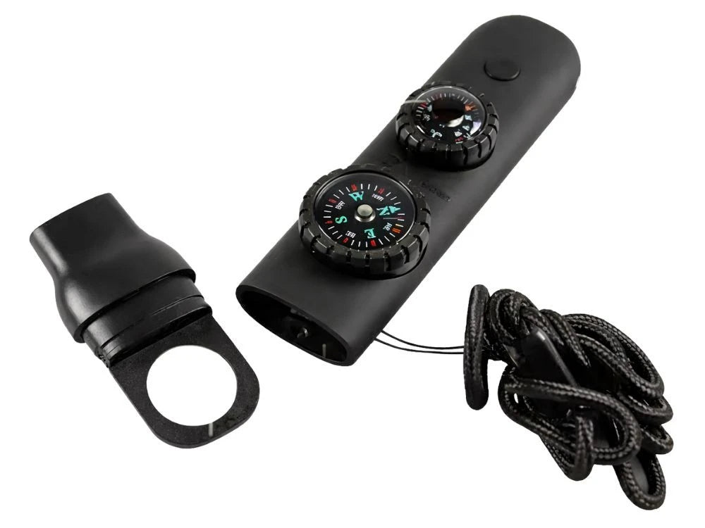 Survival Pfeife 5in1 mit Kompass, Taschenlampe, Thermometer & Lupe – Outdoor Multifunktionspfeife mit Umhängeband