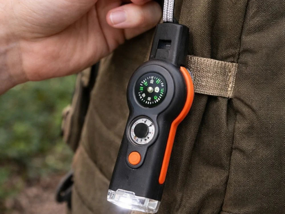 Survival Pfeife 6in1 mit Kompass, Taschenlampe, Thermometer, Lupe & Spiegel – Outdoor Multifunktionswerkzeug