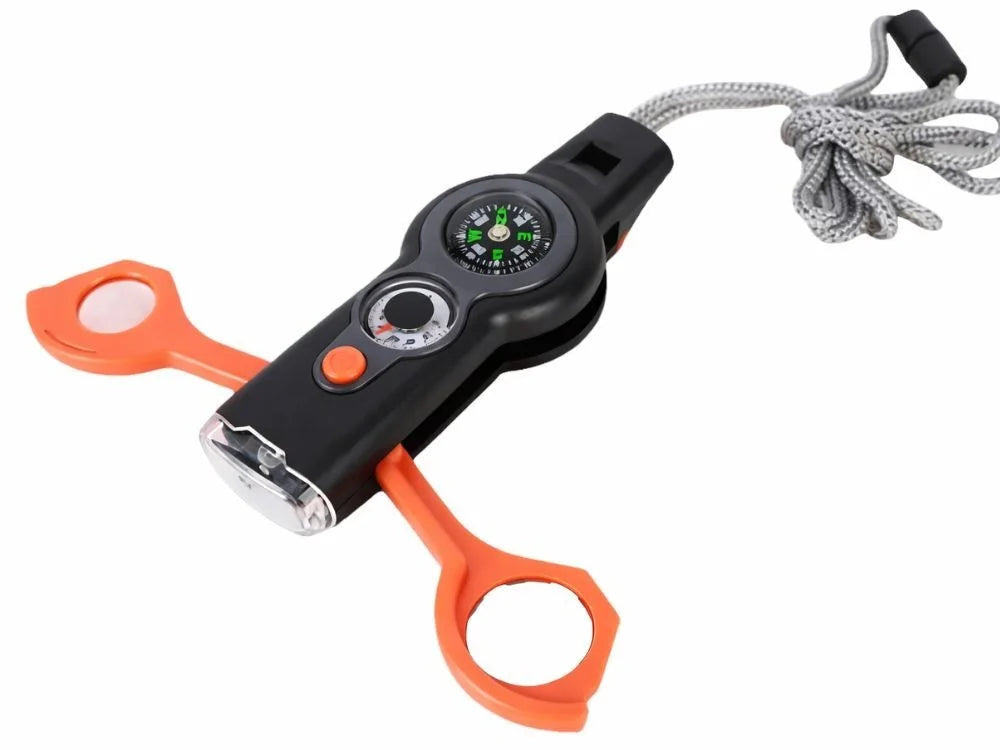 Survival Pfeife 6in1 mit Kompass, Taschenlampe, Thermometer, Lupe & Spiegel – Outdoor Multifunktionswerkzeug