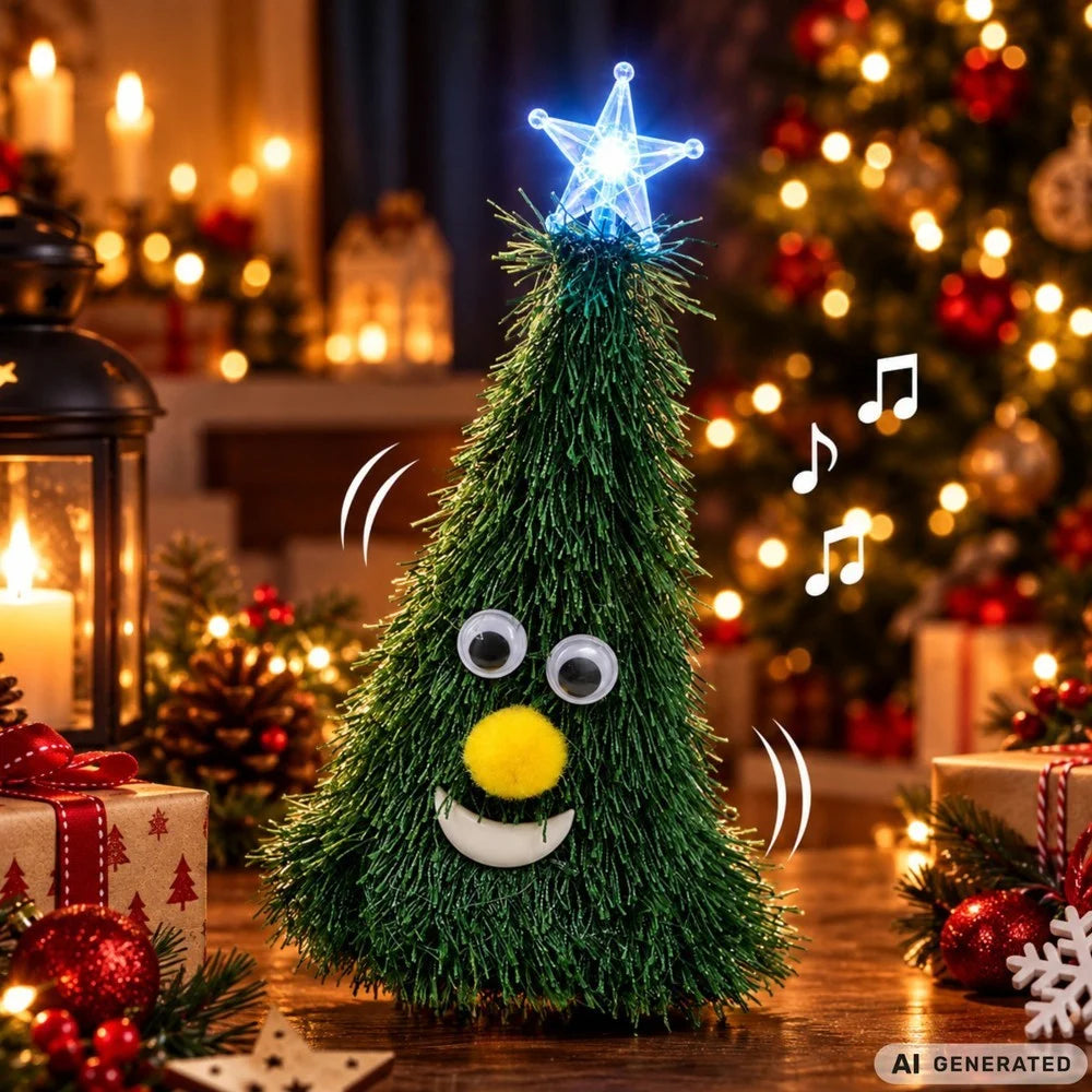 Tanzender Weihnachtsbaum 17 cm mit Musik & Licht – Jingle Bells Weihnachtsdeko mit leuchtendem Stern