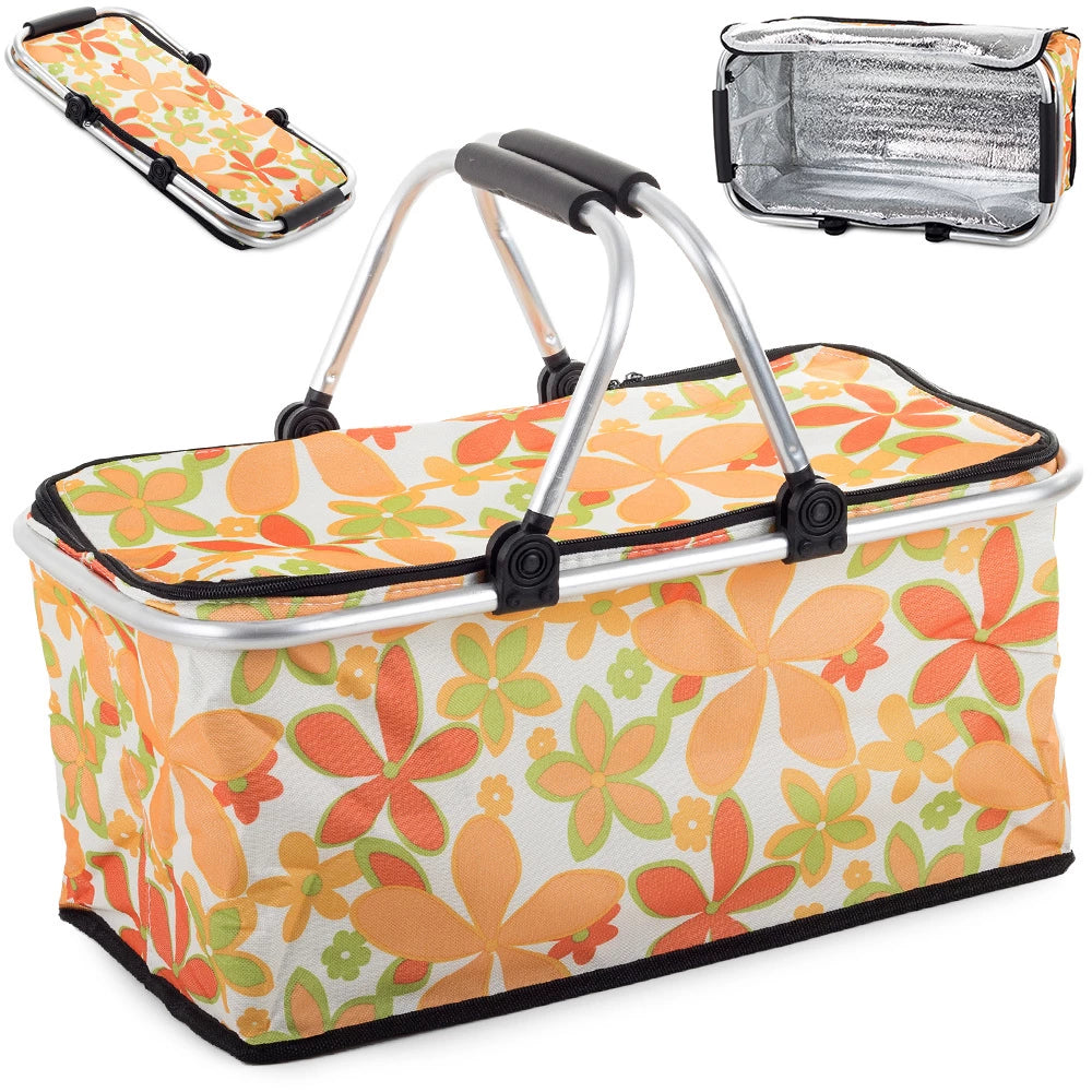 Thermo Einkaufskorb Faltbar 48x28x22cm – Isolierter Picknickkorb mit Reißverschluss & Alurahmen