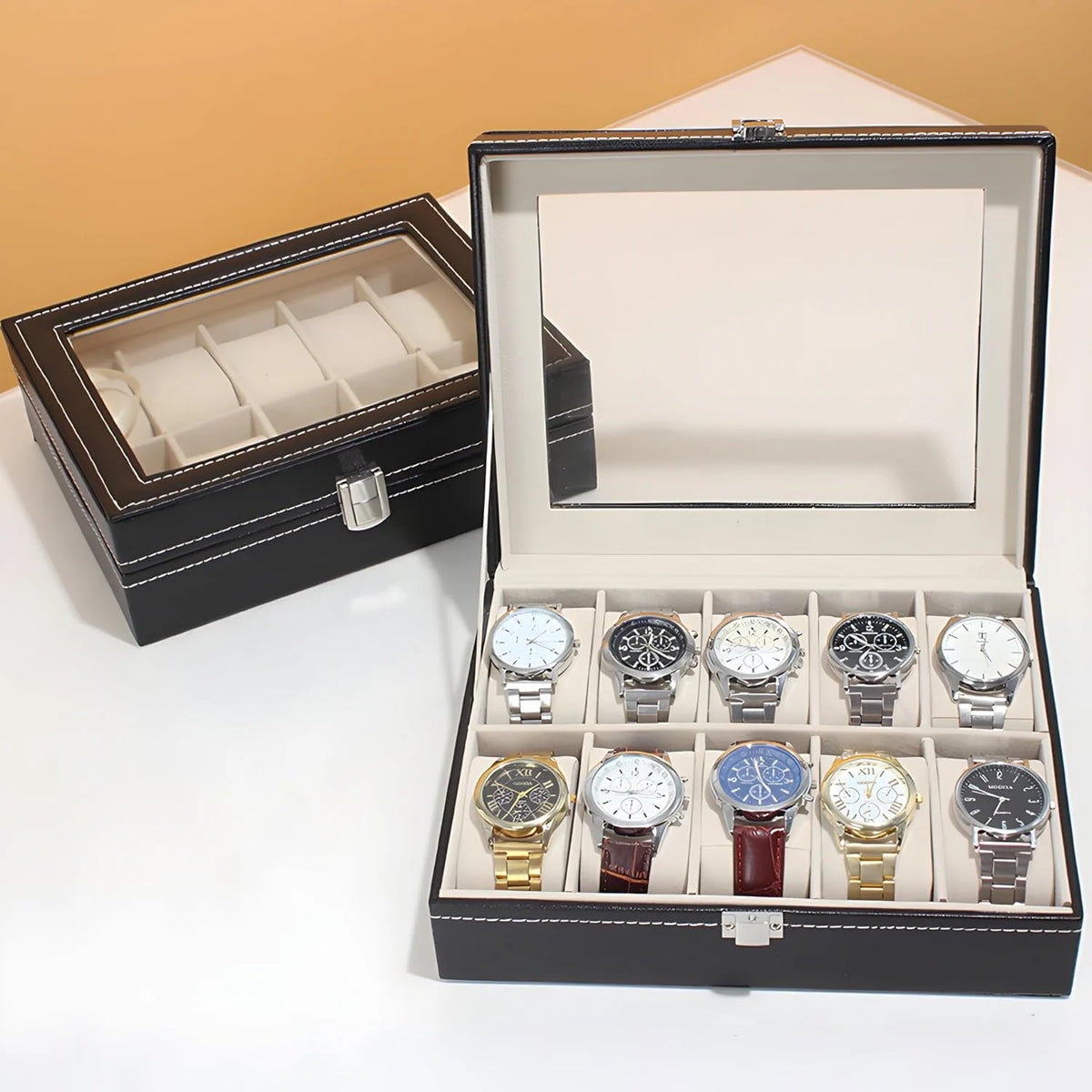 Uhrenbox für 10 Uhren – schwarzer Uhrenkoffer aus PU mit Sichtfenster, Uhrenetui Organizer und Geschenkbox