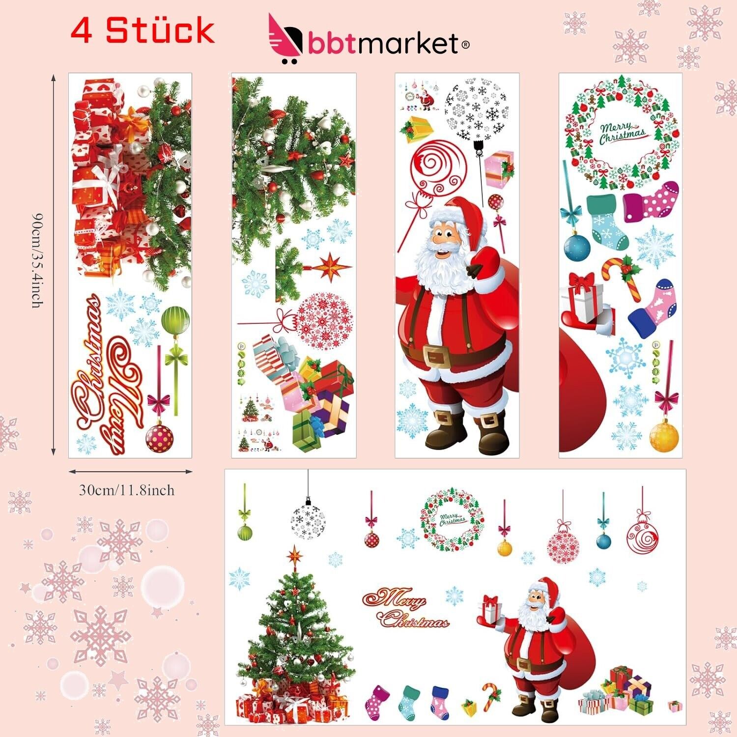 Weihnachten Fensterbilder – 4 Stück selbstklebende Fensterdeko, 90×30 cm, Mehrfarbig, Schneeflocken & Weihnachtsmotive