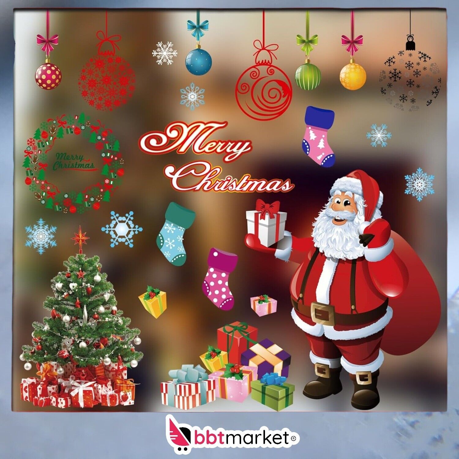 Weihnachten Fensterbilder – 4 Stück selbstklebende Fensterdeko, 90×30 cm, Mehrfarbig, Schneeflocken & Weihnachtsmotive