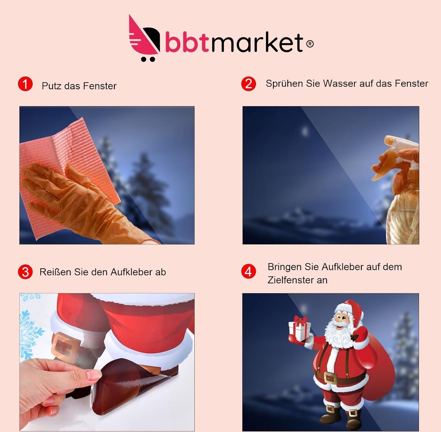 Weihnachten Fensterbilder – 4 Stück selbstklebende Fensterdeko, 90×30 cm, Mehrfarbig, Schneeflocken & Weihnachtsmotive