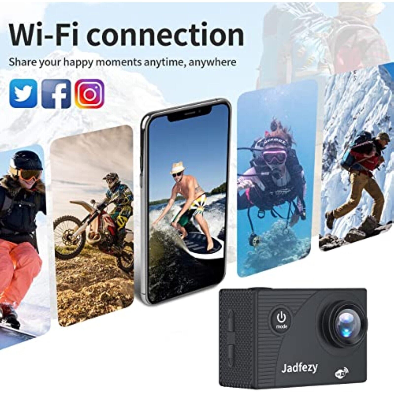 Jadfezy WiFi-1080P-Action-Cam, WLAN HD 30 fps Zwei 900 mAh  wiederaufladbare