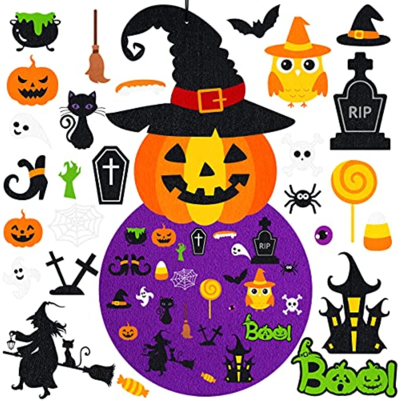 Halloween Filz Kürbis Set 55-teilig – Deko & Bastelset mit Hexe, Geistern & Spinnen
