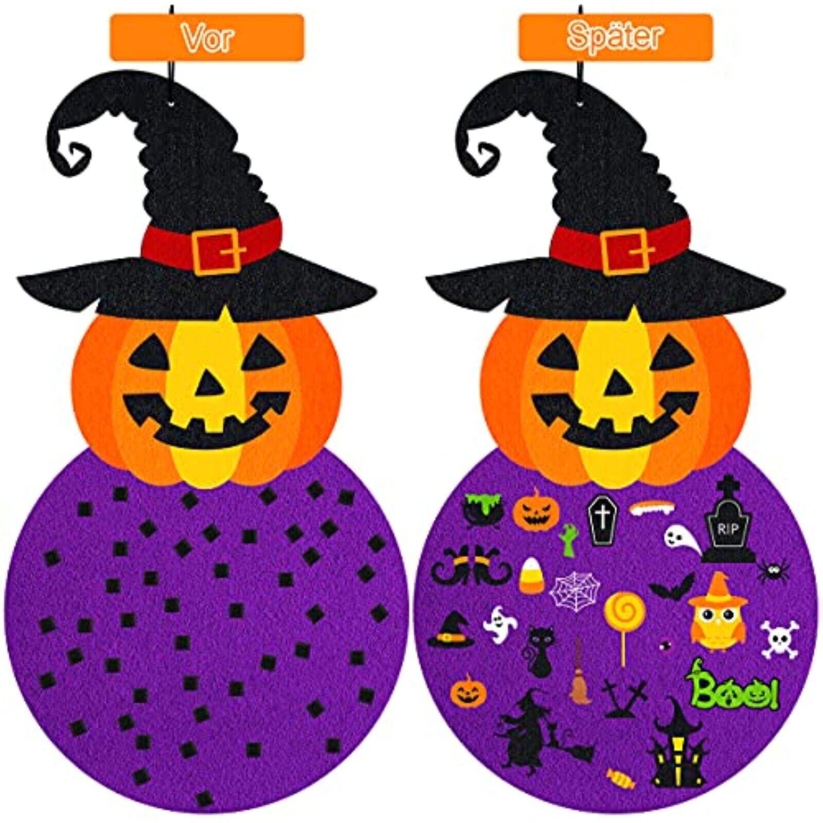 Halloween Filz Kürbis Set 55-teilig – Deko & Bastelset mit Hexe, Geistern & Spinnen
