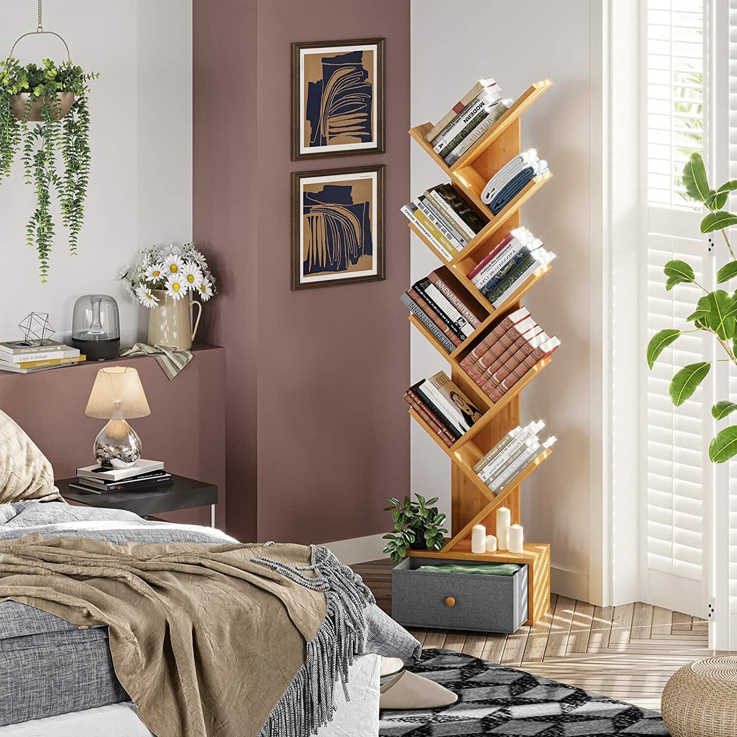 VIAGDO Bamboo Bookcase with 8 levels and nonwoven drawers 