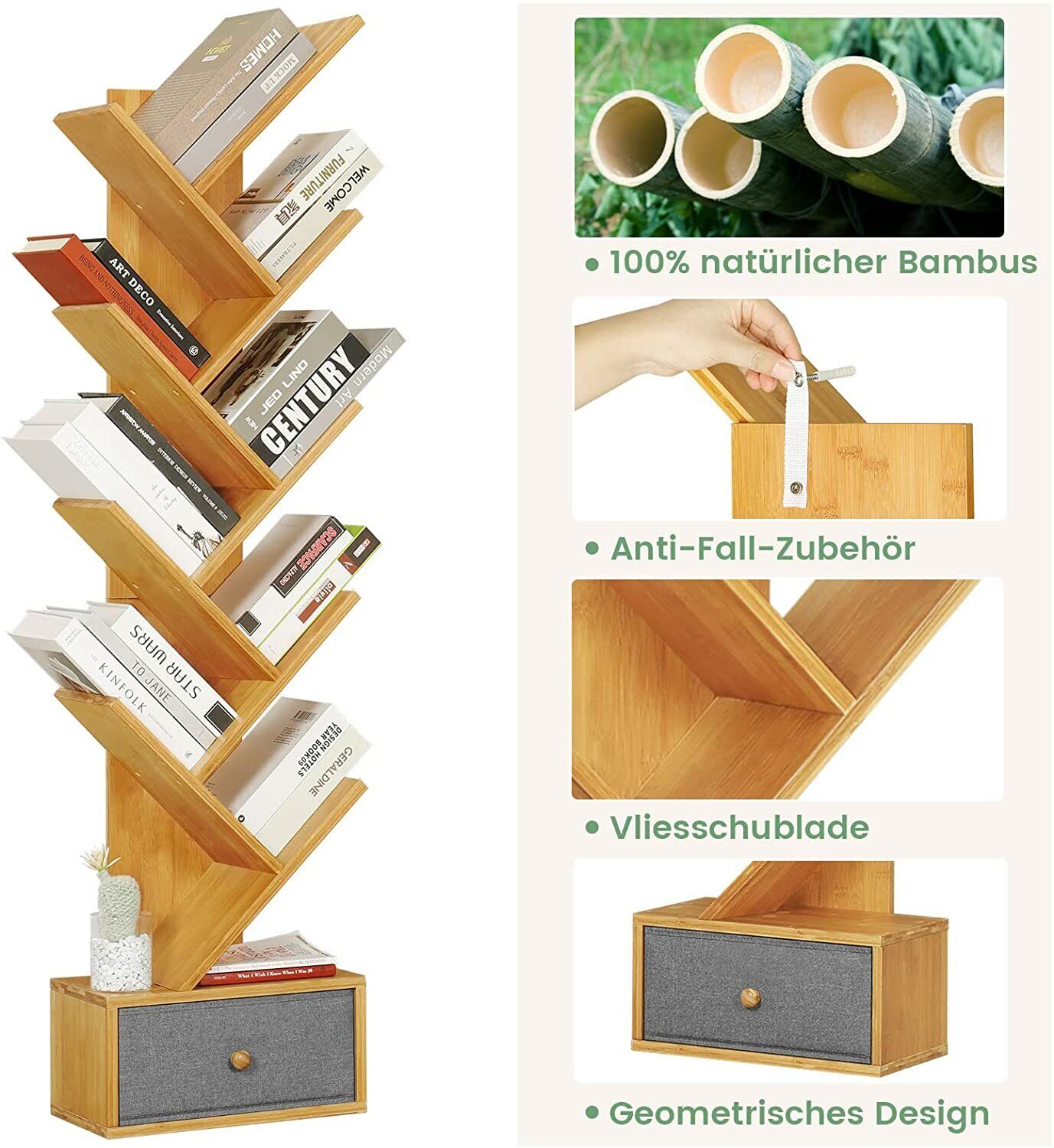 VIAGDO Bamboo Bookcase with 8 levels and nonwoven drawers 
