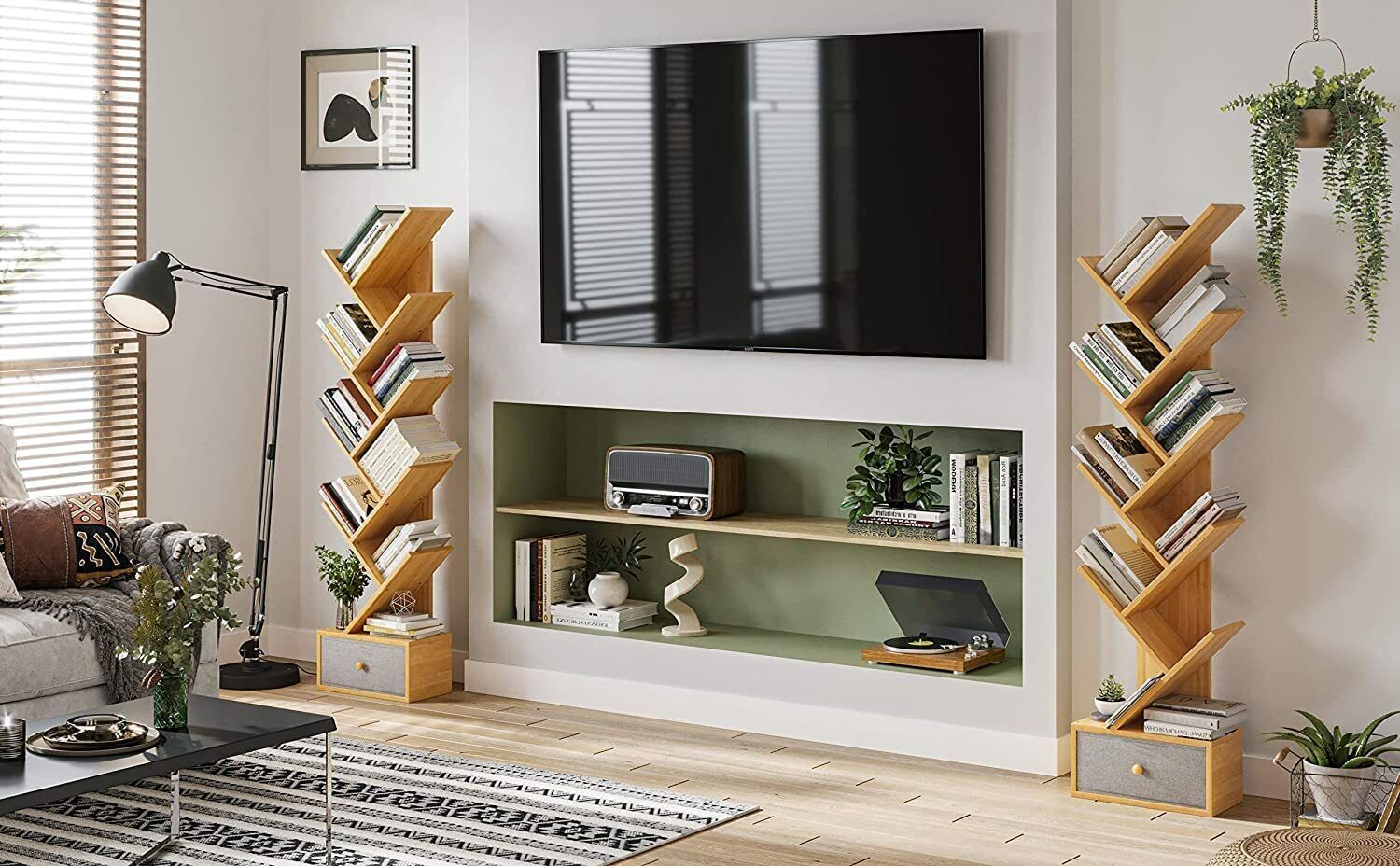 VIAGDO Bamboo Bookcase with 8 levels and nonwoven drawers 