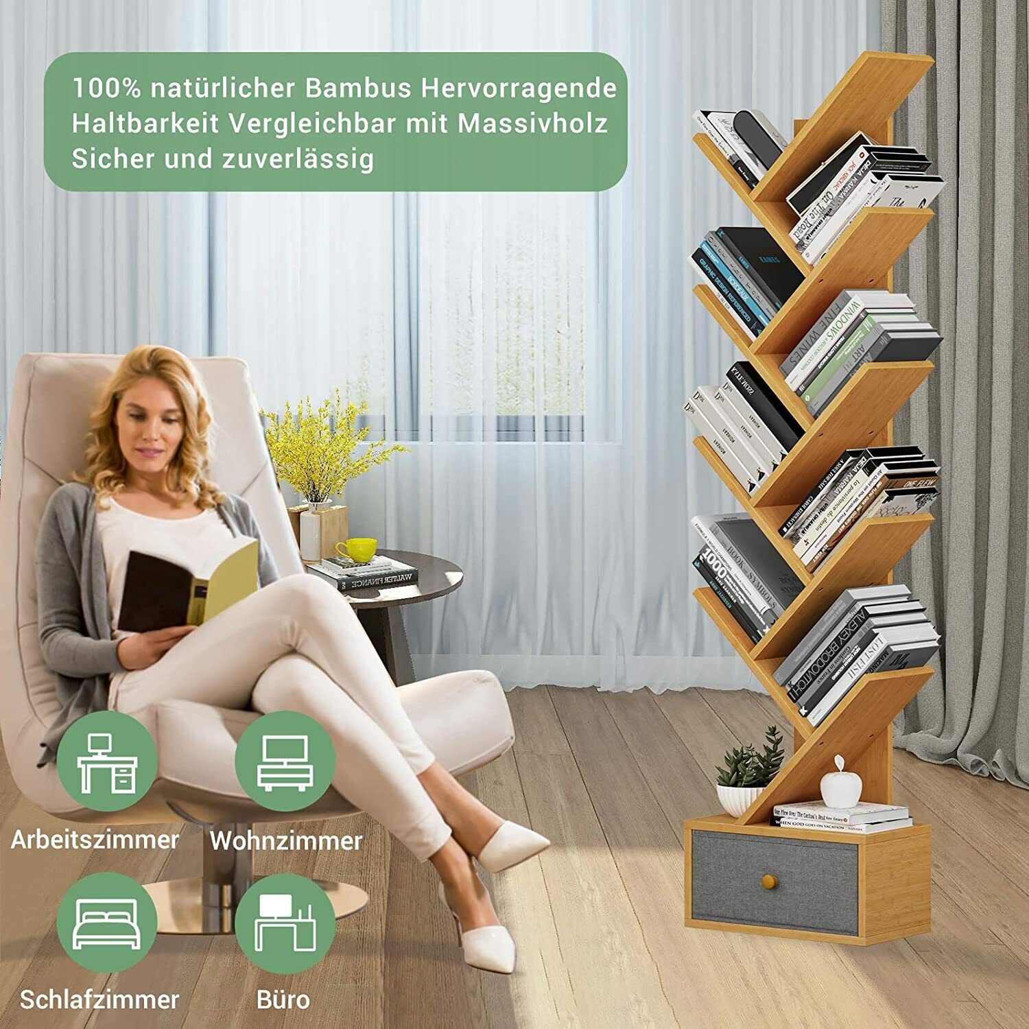 VIAGDO Bamboo Bookcase with 8 levels and nonwoven drawers 