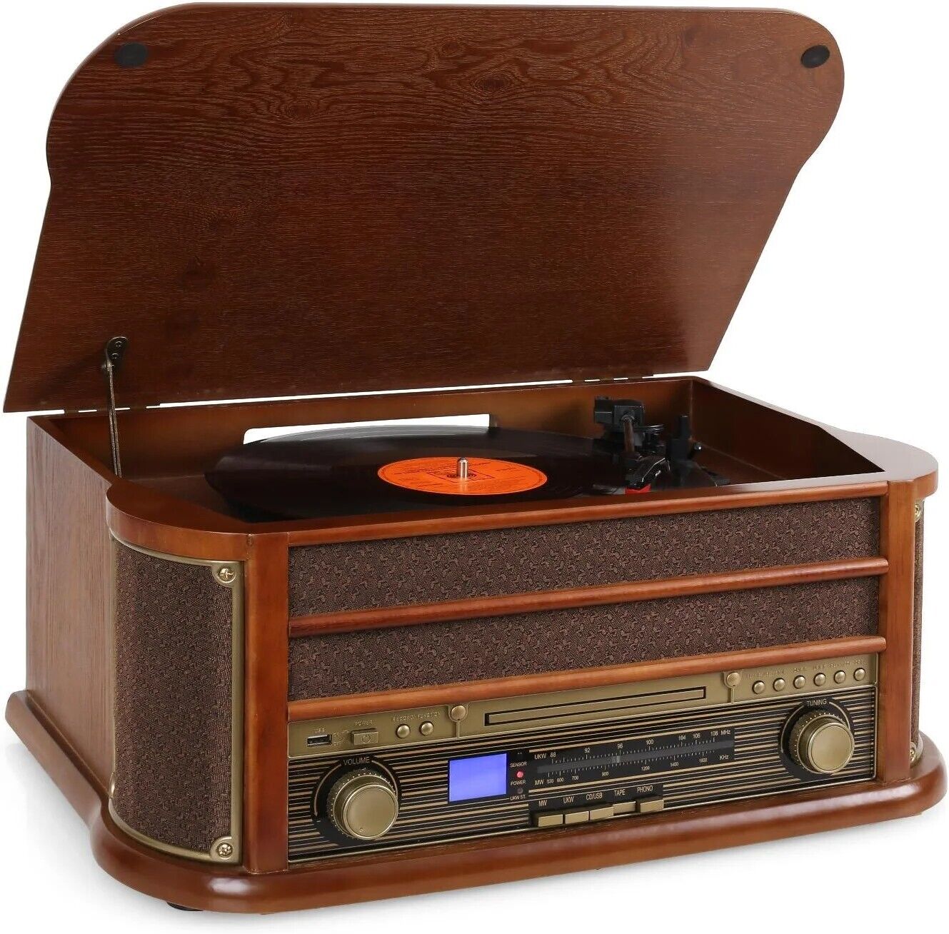 Nostalgie Holz Musikanlage – Retro Stereoanlage mit Plattenspieler, CD-Player, USB, Radio & Bluetooth