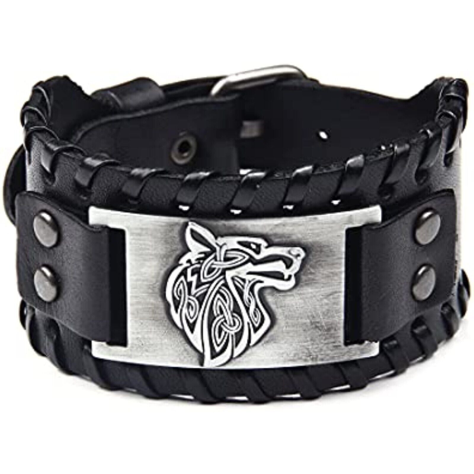 🪓🪓 Men's Viking Bracelet Leather Bracelet Black Men Viking Wide Biker Wolf 