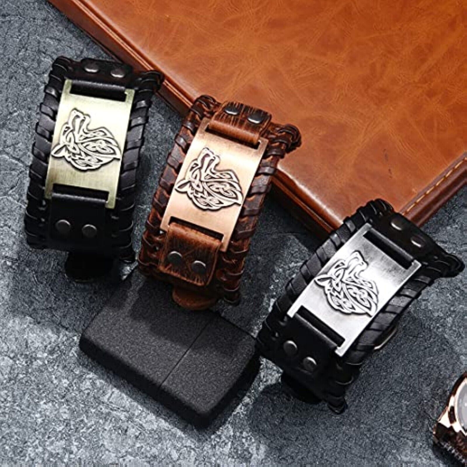 🪓🪓 Men's Viking Bracelet Leather Bracelet Black Men Viking Wide Biker Wolf 