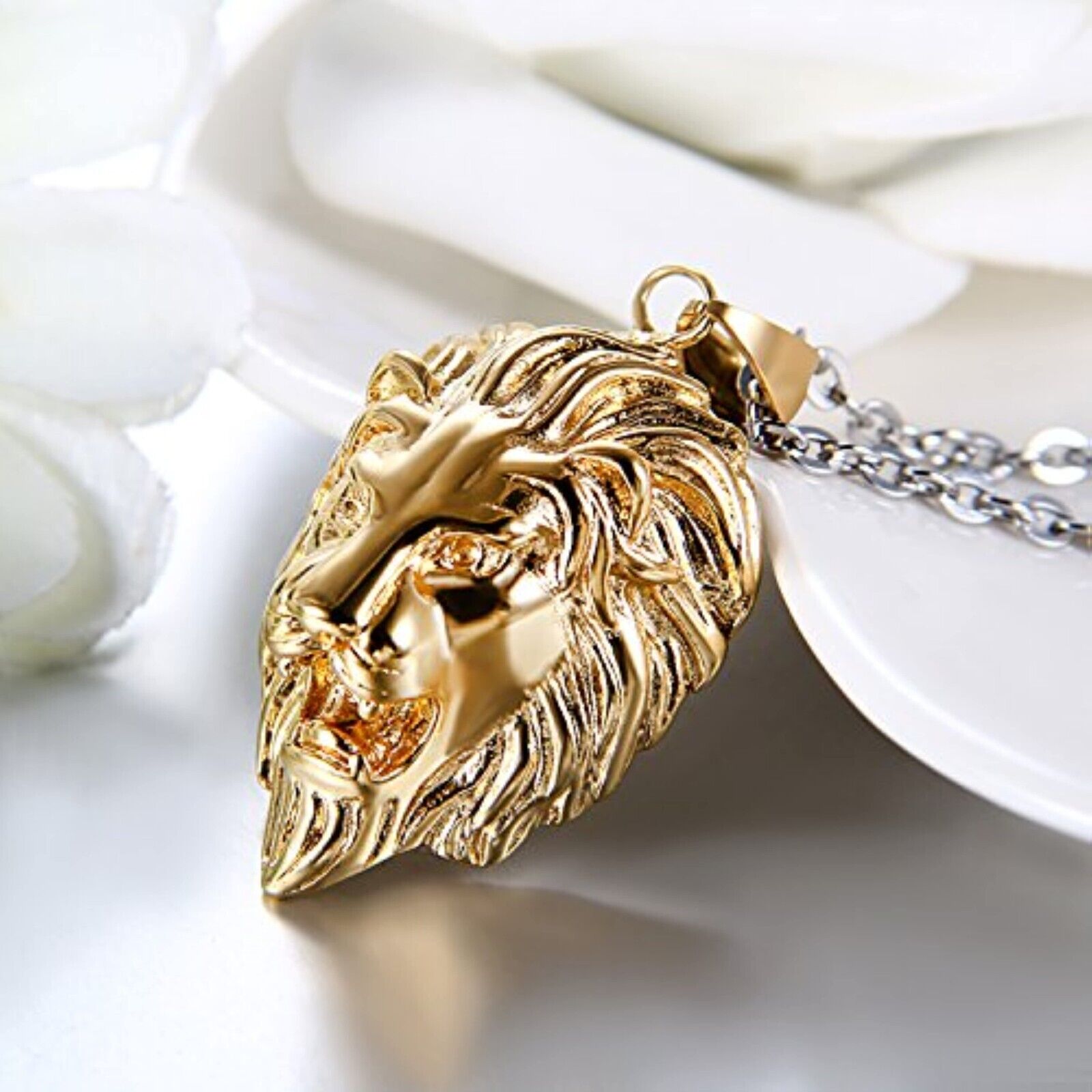 Herrenkette Herren Halskette Edelstahl Gold Anhänger Lang Löwe Löwenkopf Schmuck