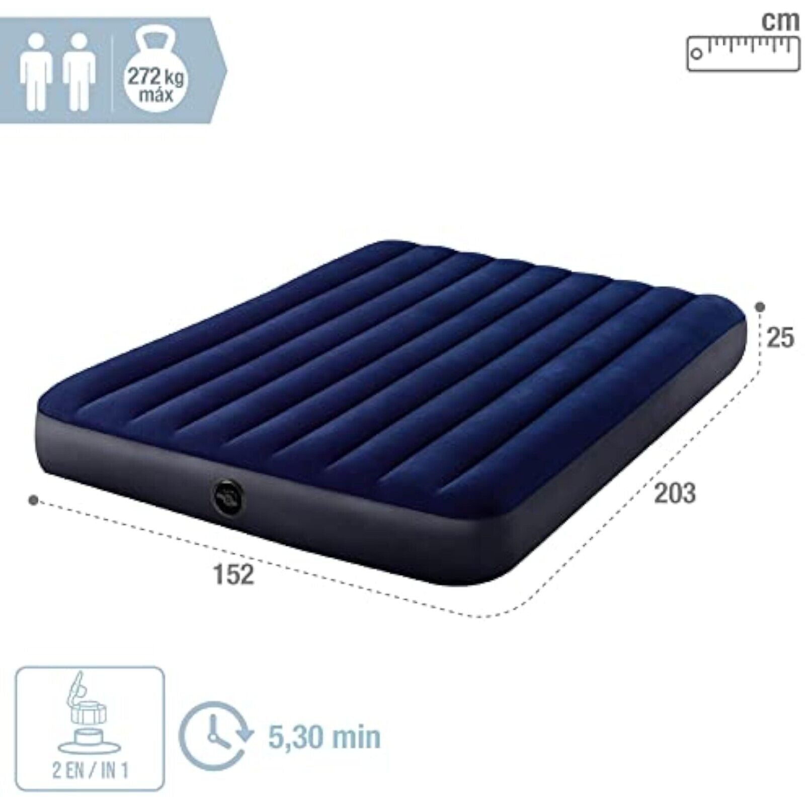 INTEX Classic Queen Airbed Guest Bed 203x152x25cm Bed + 2 Pillows + Hand Pump 