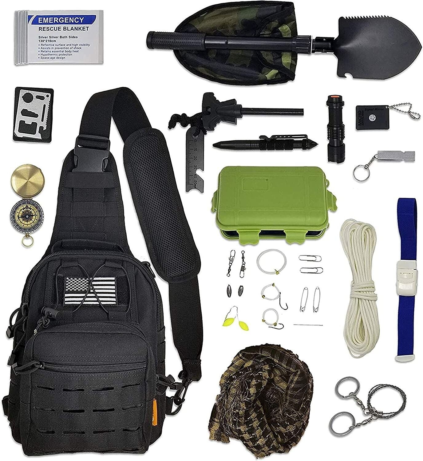 29-in-1 Survival Kit Outdoor Notfall Set mit Rucksack, Schaufel, Kompass & Feuerstarter – Taktisches Multitool für Camping & Abenteuer