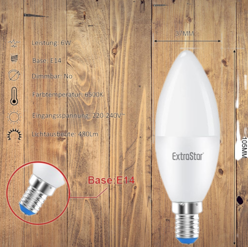 E14 LED lamp white 6W candle replaces 40W light bulb 480 lumen 220-240V AC 6 pieces