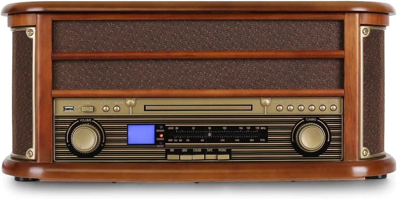 Nostalgie Holz Musikanlage – Retro Stereoanlage mit Plattenspieler, CD-Player, USB, Radio & Bluetooth