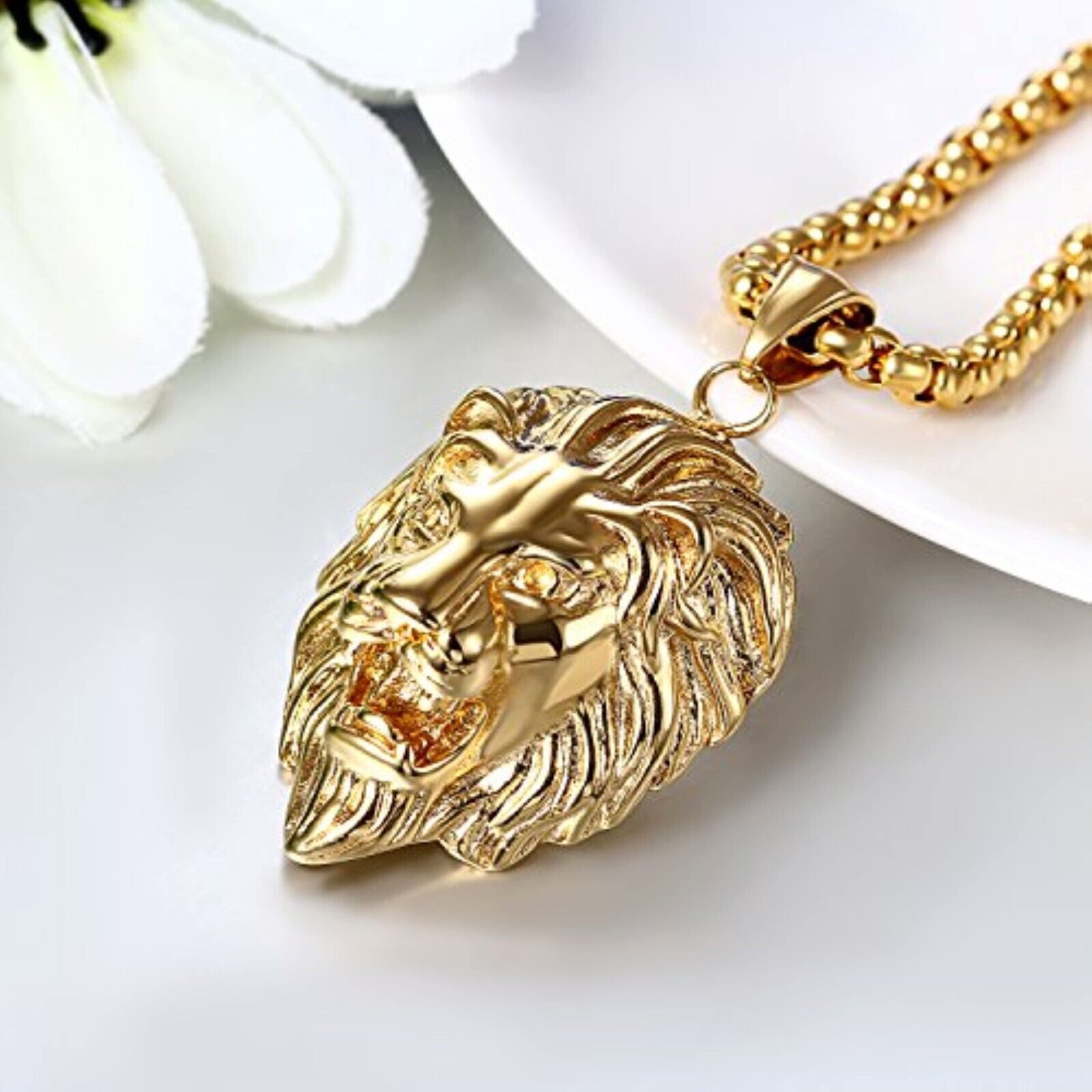 Herrenkette Herren Halskette Edelstahl Gold Anhänger Lang Löwe Löwenkopf Schmuck