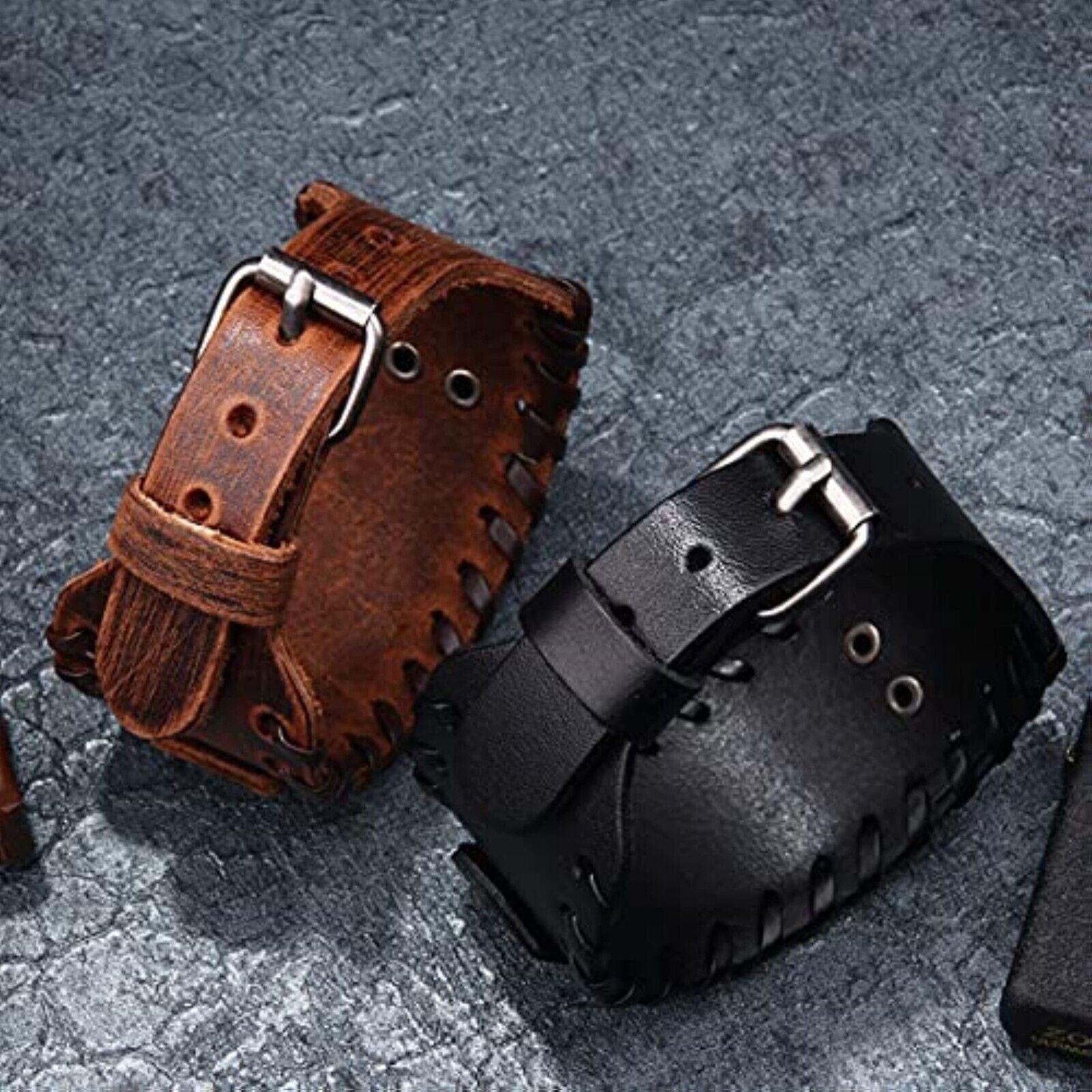 🪓🪓 Men's Viking Bracelet Leather Bracelet Black Men Viking Wide Biker Wolf 