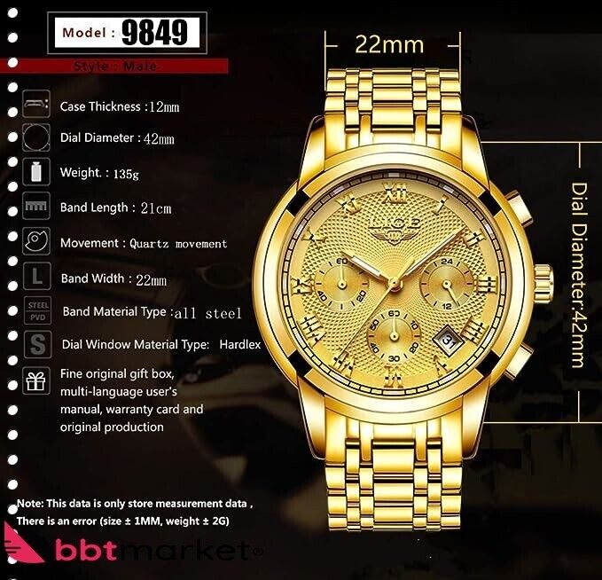 Herren Uhren Sport Wasserdicht Edelstahl  Analoger Quarz Chronograph Kalender