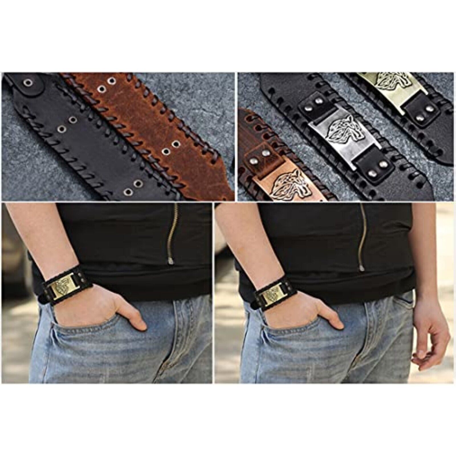 🪓🪓 Men's Viking Bracelet Leather Bracelet Black Men Viking Wide Biker Wolf 