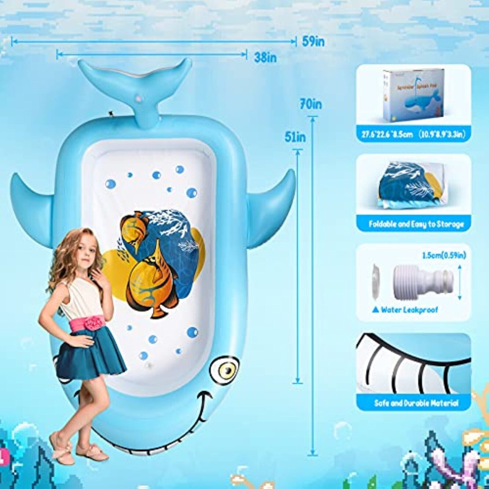 Aufblasbares Kinder Planschbecken 178x130cm Wal Design – 2in1 Baby Pool mit Sprühfunktion für Garten & Sommer