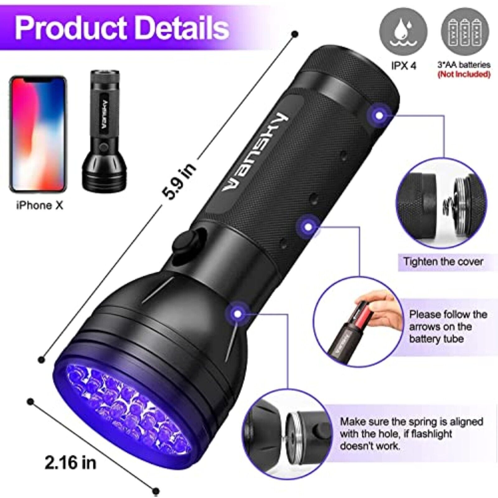 LED UV 395nm Blacklight Lamp Outdoor Flashlight Test Lamp With 51 LEDs 