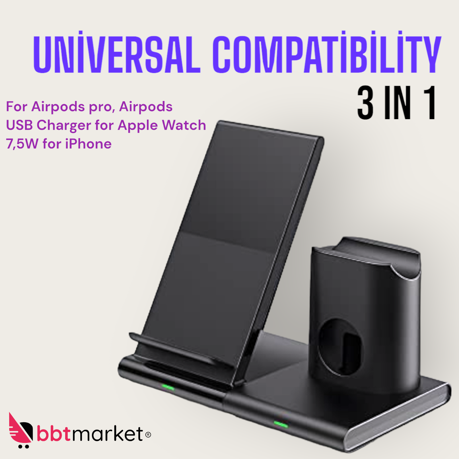 3 in 1 Qi Wireless Ladegerät – Schnellladestation für Smartphone, Uhr & Kopfhörer