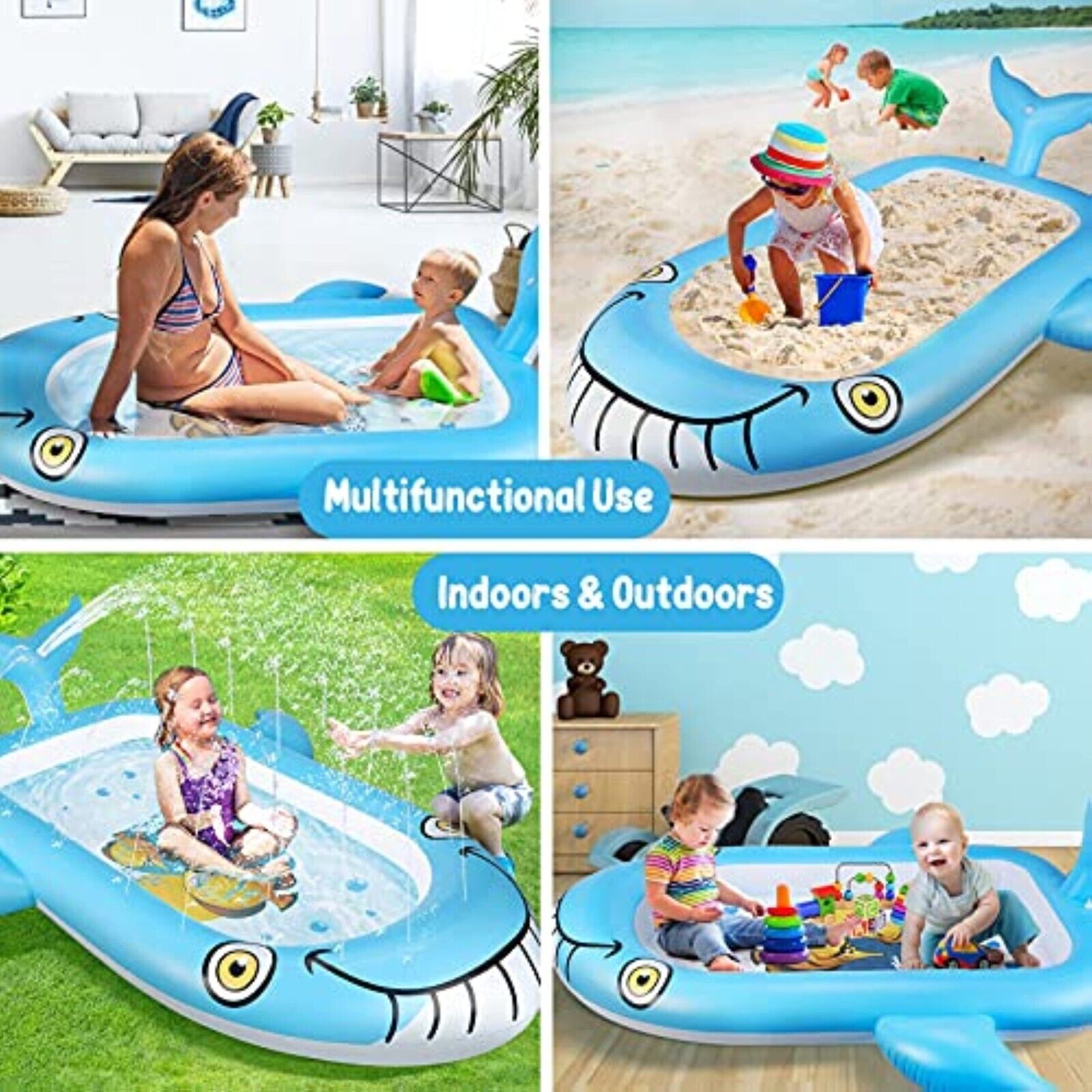 Aufblasbares Kinder Planschbecken 178x130cm Wal Design – 2in1 Baby Pool mit Sprühfunktion für Garten & Sommer