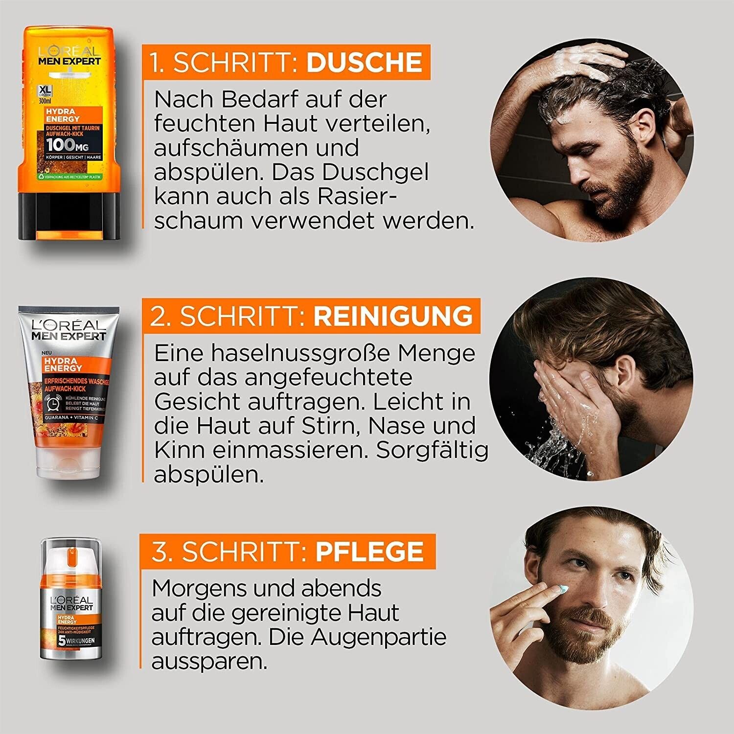 L'Oréal Hydra Energy Männerpflege-Set – 3-teilig: Duschgel, Waschgel & Feuchtigkeitscreme