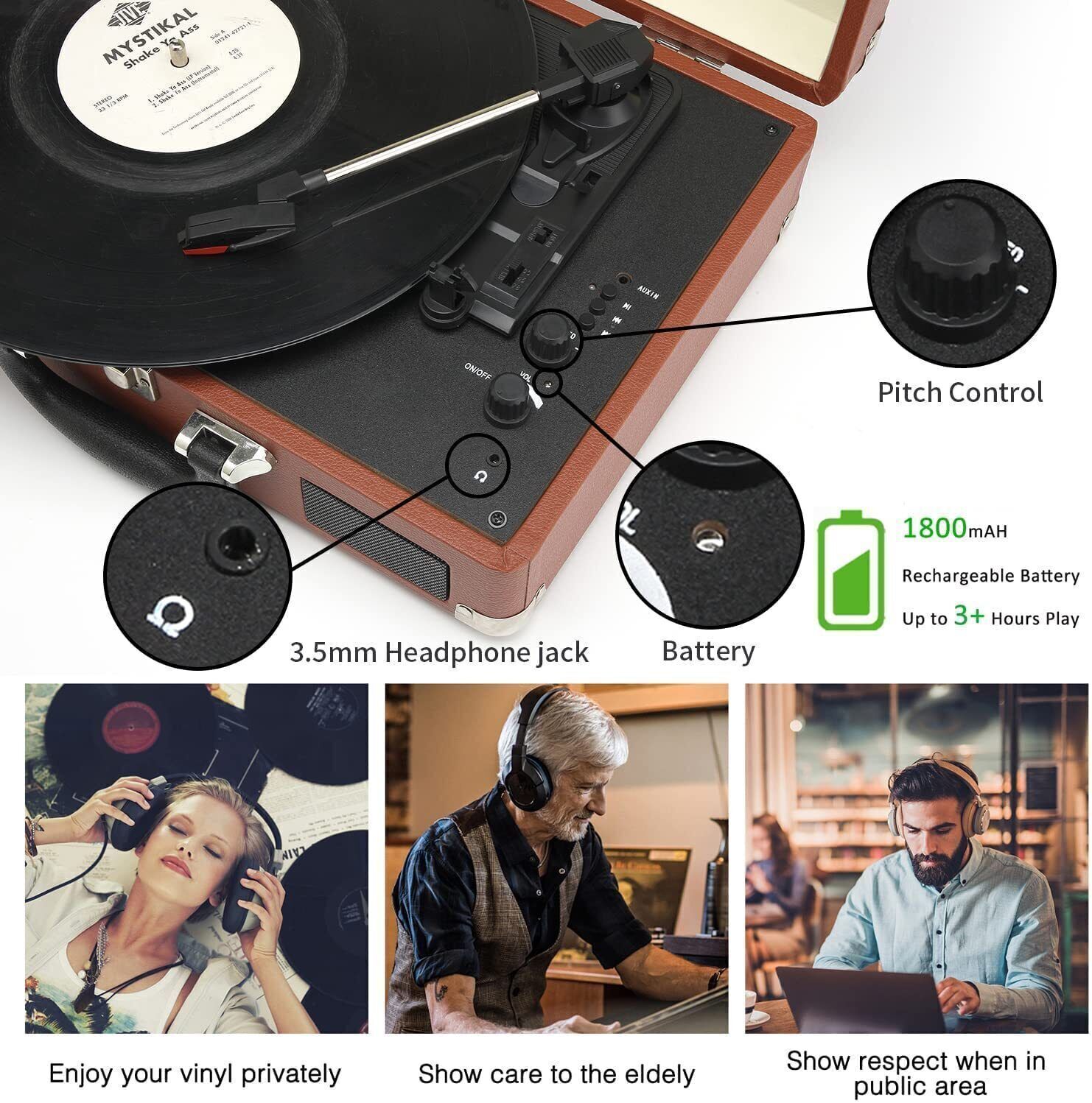 Bluetooth Plattenspieler Turntable mit Stereo-Lautsprecher Vinyl-zu-MP3-Aufnahme