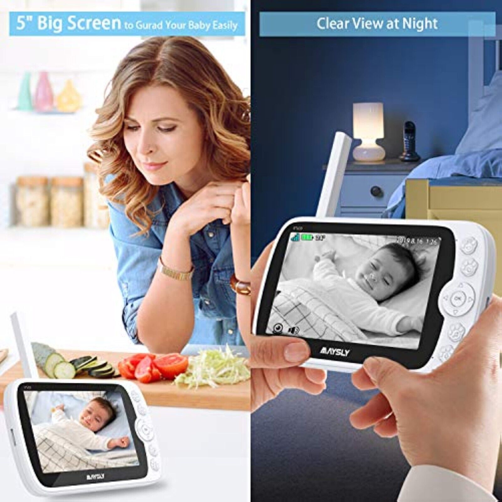 Video baby monitor with camera, 1080P video baby monitor with camera and audio, 5.0" TFT 