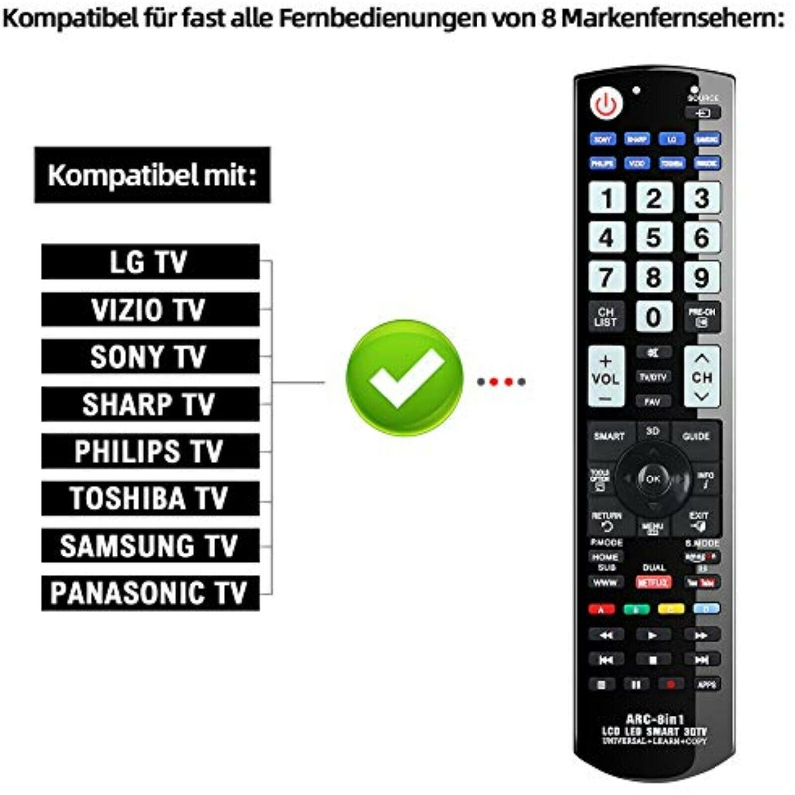 Universal remote control for Panasonic, Samsung, LG, Sony, Toshiba, Sharp, Philips 
