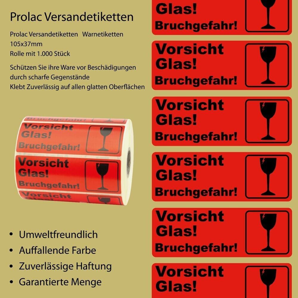 1000 pieces Caution: Risk of glass breakage! Shipping labels warning stickers 105x37mm 