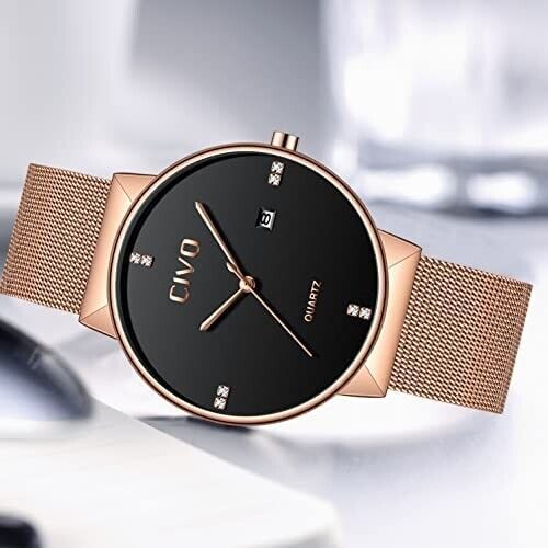 Herrenuhr 40mm Minimalistische Herrenuhr ⇒ Datum Analog Edelstahl Quarz Roségold