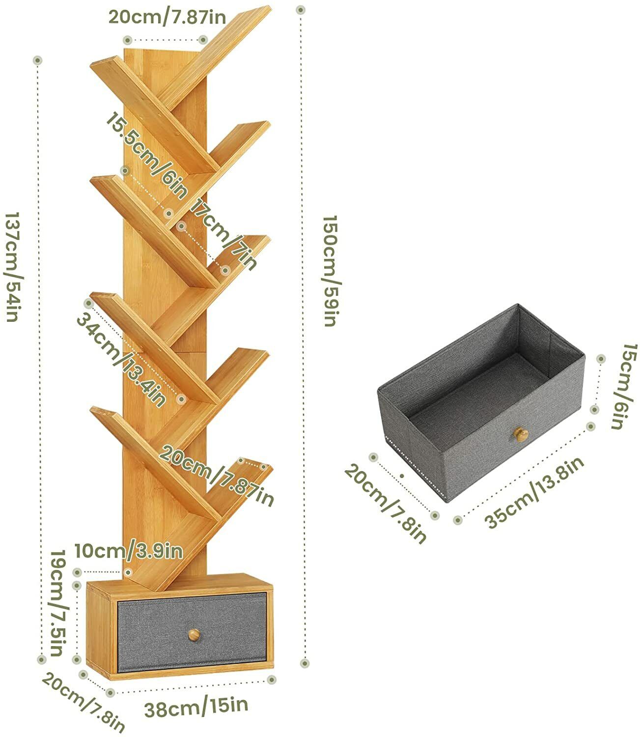 VIAGDO Bamboo Bookcase with 8 levels and nonwoven drawers 