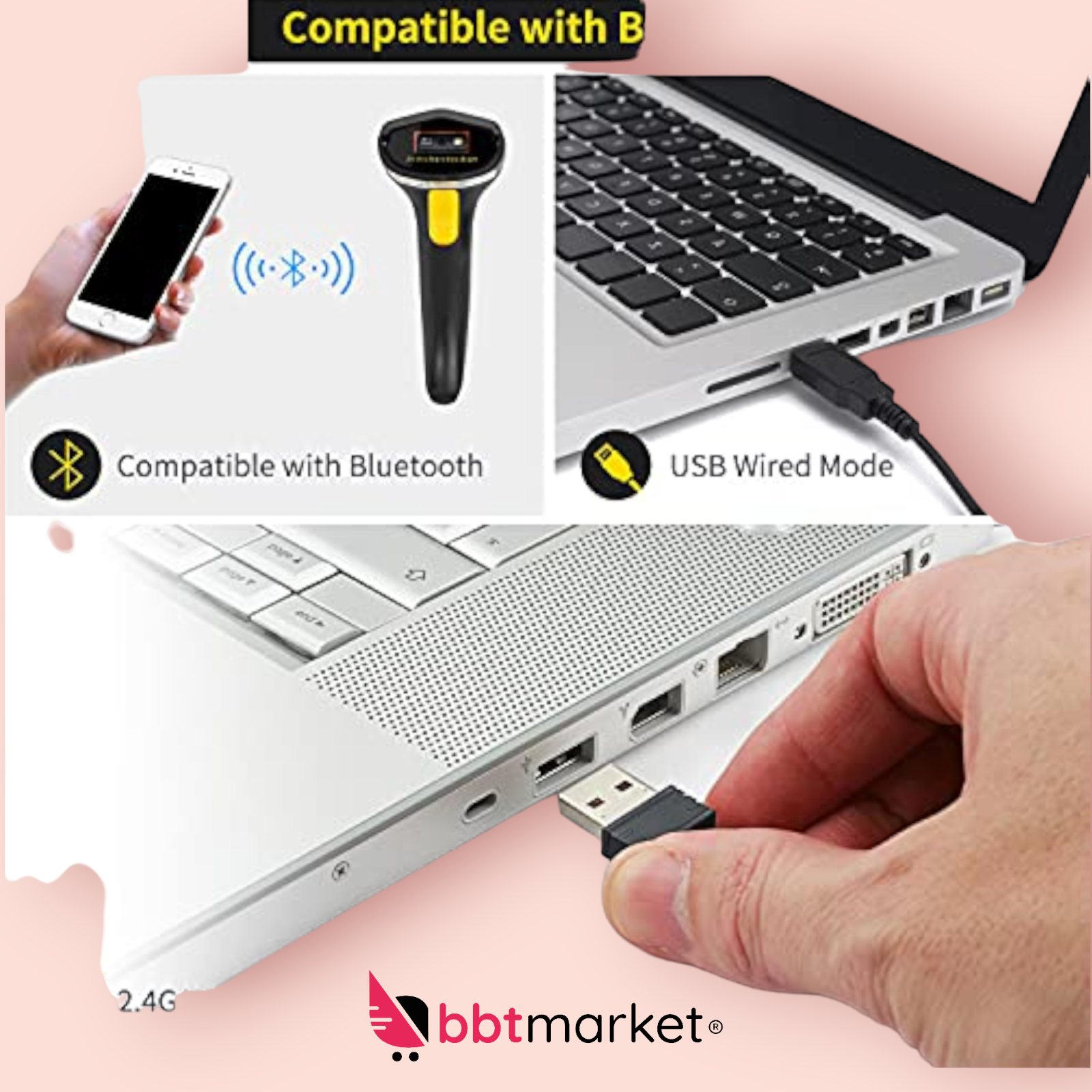 Barcode Scanner Bluetooth, kabelloser 1D Laser USB Barcode Leser, kompatibel