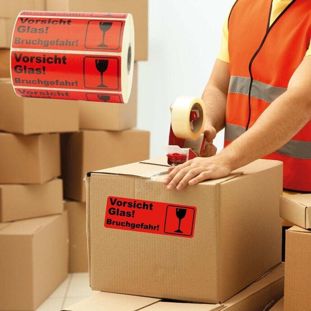 1000 pieces Caution: Risk of glass breakage! Shipping labels warning stickers 105x37mm 