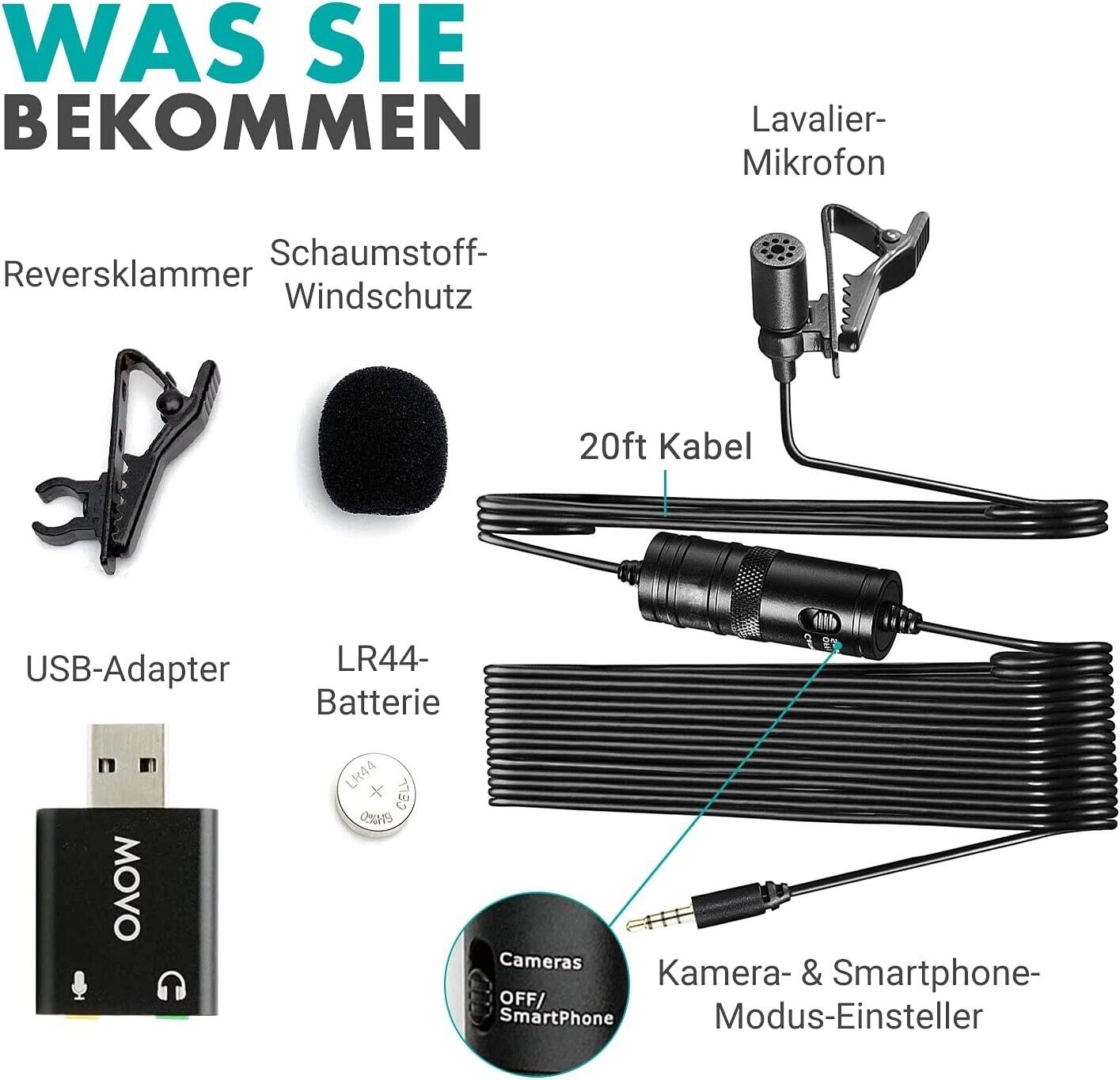 Professional Lavalier Microphone USB, Condenser Clip-on Microphone with Sound Card 