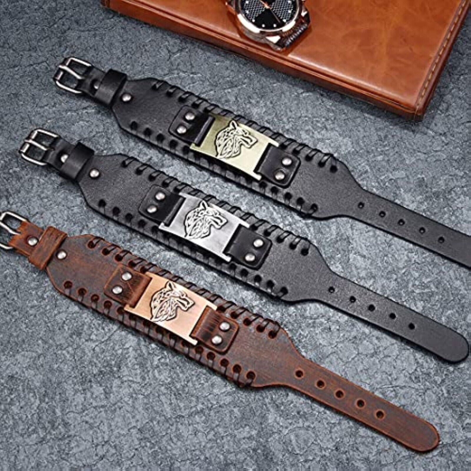 🪓🪓 Men's Viking Bracelet Leather Bracelet Black Men Viking Wide Biker Wolf 