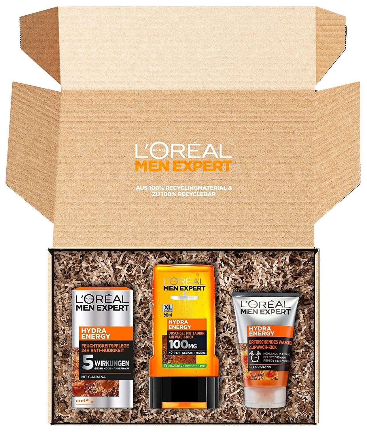 L'Oréal Hydra Energy Men's Care Set – 3-piece: Shower Gel, Wash Gel &amp; Moisturizer