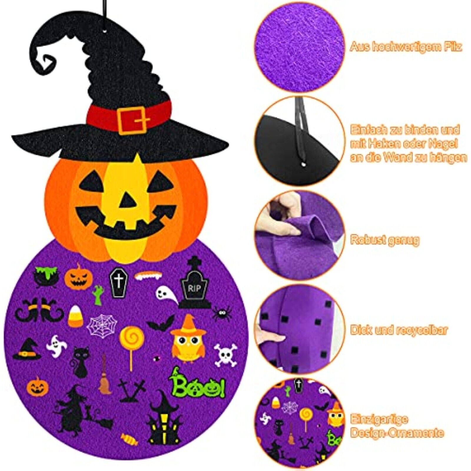 Halloween Filz Kürbis Set 55-teilig – Deko & Bastelset mit Hexe, Geistern & Spinnen