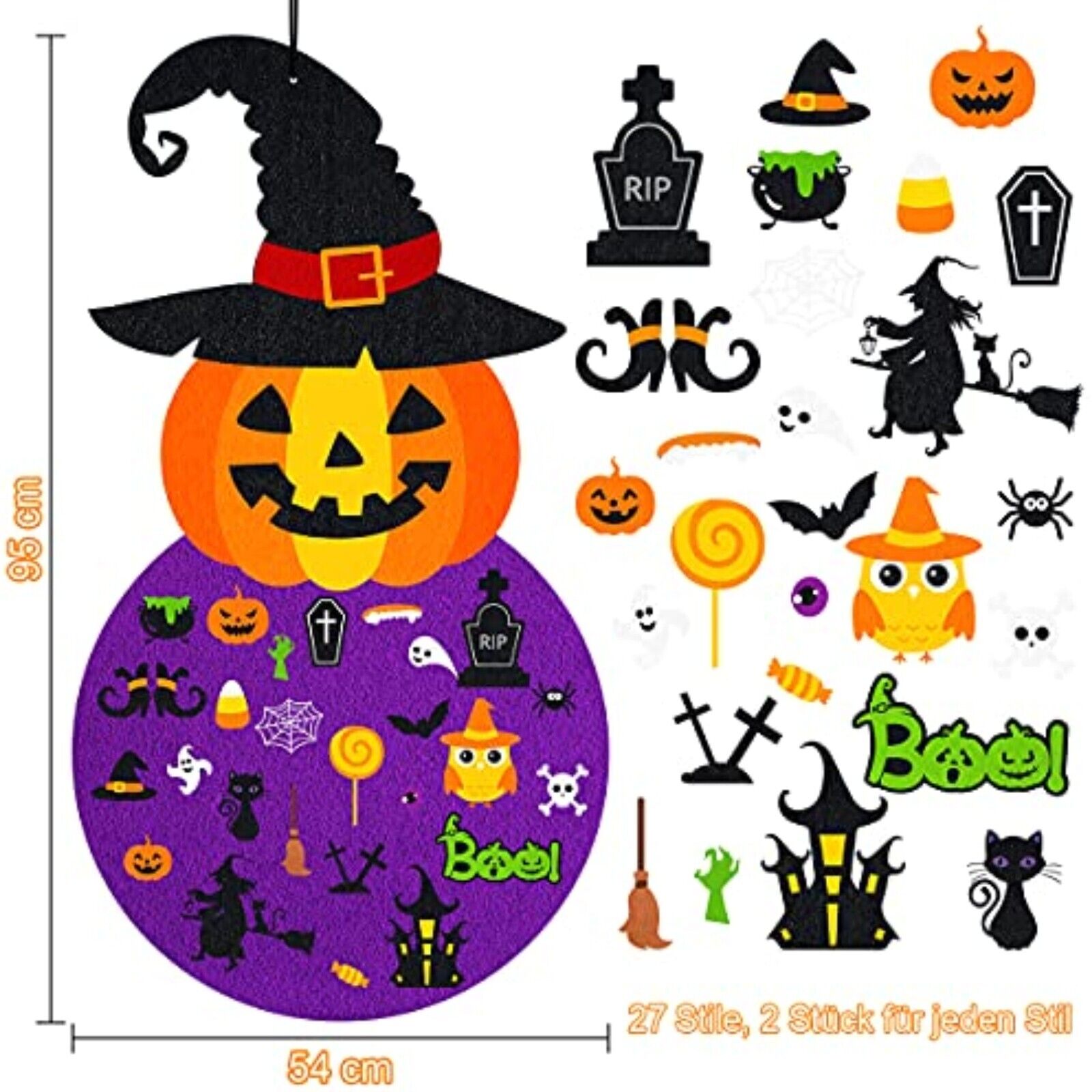 Halloween Filz Kürbis Set 55-teilig – Deko & Bastelset mit Hexe, Geistern & Spinnen