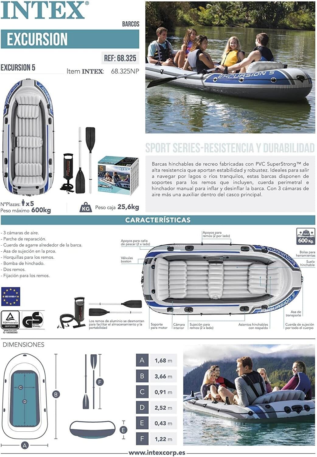 Intex Excursion 5 Inflatable Boat Set 366x168cm with Paddle &amp; Pump, 5 Persons