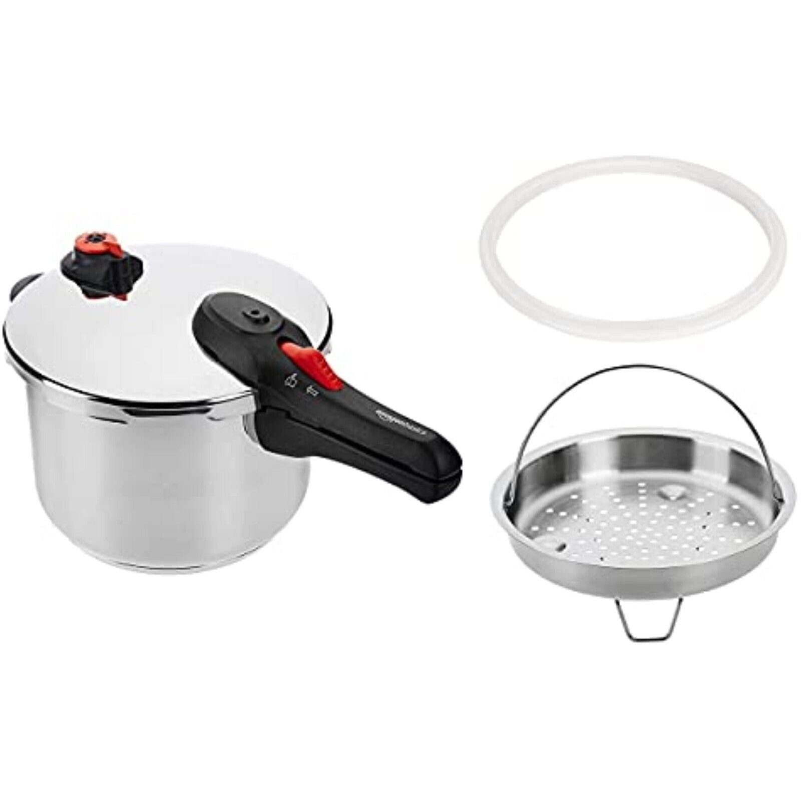 Stainless steel pressure cooker - with steamer, suitable for induction - 6 liters 